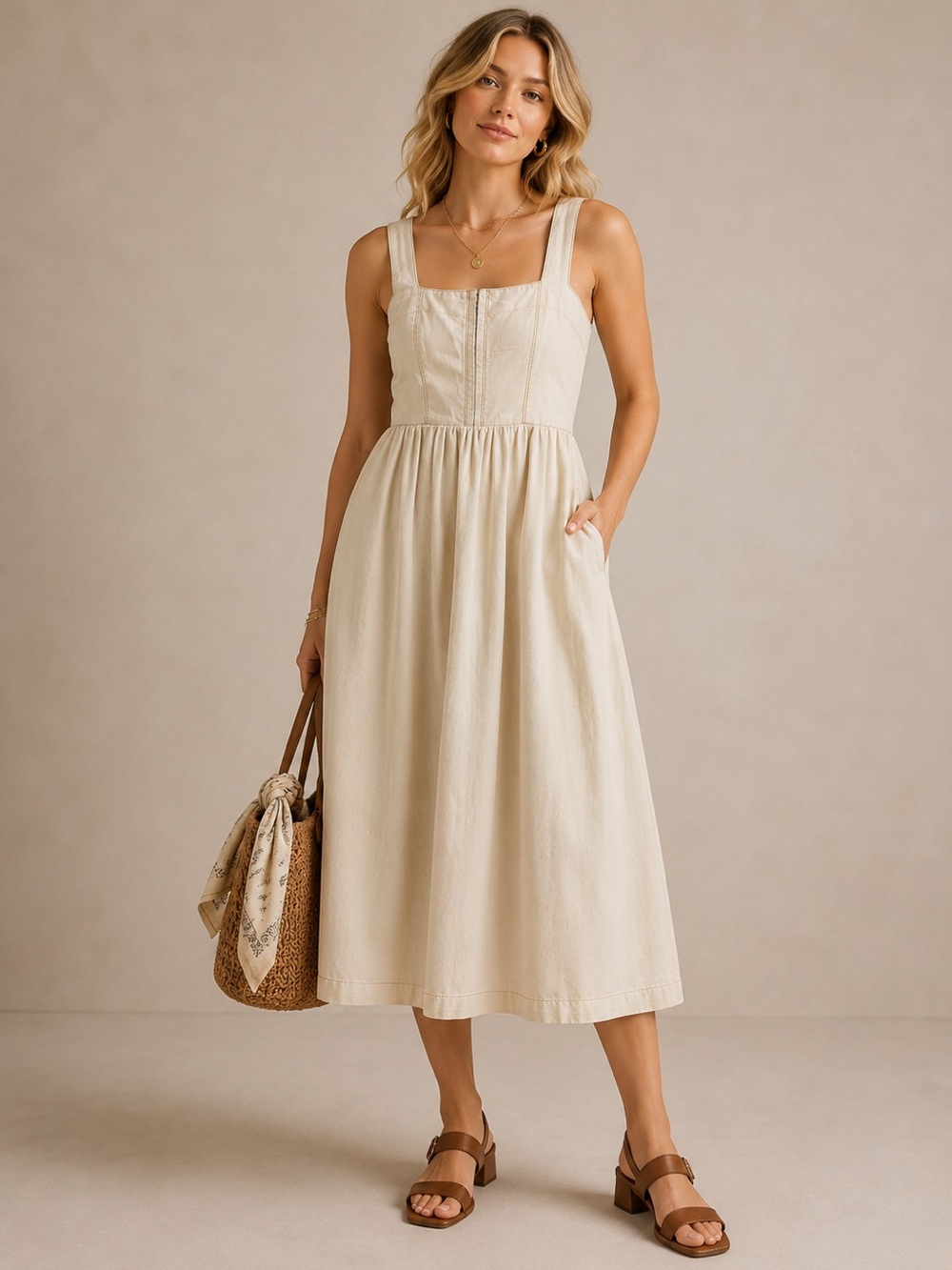 Lone Star Cream Cotton Corset Midi Dress Square Neck Cottagecore Pockets Boho